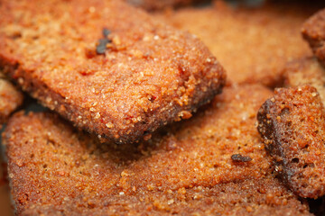 Fried slices of bread close-up. Selective focus
