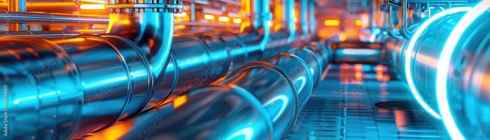 Poster futuristic industrial pipeline with glowing lights and metallic structures, showcasing advanced tech