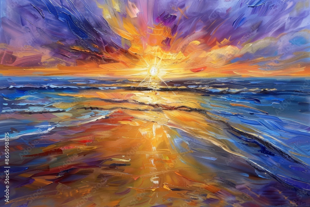 Sticker A painting capturing a vibrant sunset casting golden rays over the ocean, A vibrant sunset painting casting golden rays on the sand