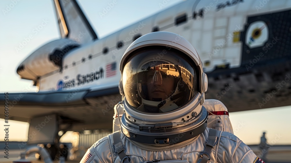 Poster Astronaut in Spacesuit Near Space Shuttle Exploring Vast Universe