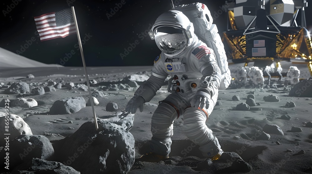 Poster Astronaut Planting Flag on Extraterrestrial Terrain in Futuristic Spacesuit