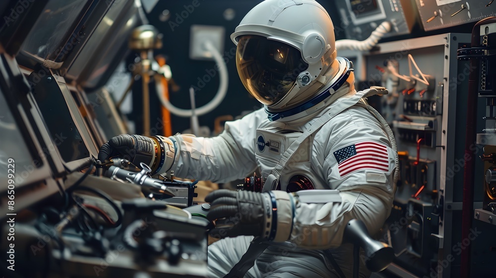 Poster Astronaut in Spacesuit Utilizing Advanced Space Equipment for and Discovery