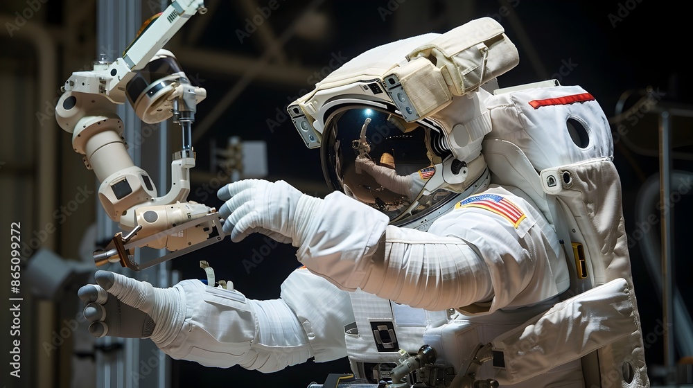 Poster Astronaut Wearing Spacesuit Utilizing Robotic Arm for Celestial in Space
