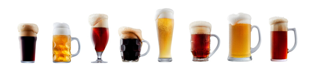 Set of beer cocktails with foam isolated on white background