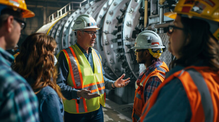 Group of engineers wearing safety gear discussing procedures in an industrial plant with machinery and control panels.