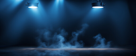  The dark scene has a smoky dark blue background. Empty dark room with spotlights for displaying product design 