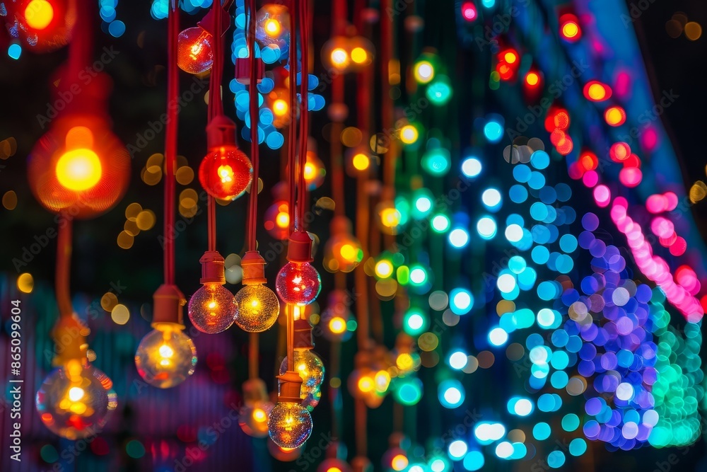 Poster a vibrant display of colorful lights hanging from the ceiling, creating a bright and lively atmosphe