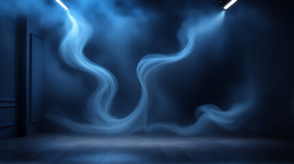  The dark scene has a smoky dark blue background. Empty dark room with spotlights for displaying product design 