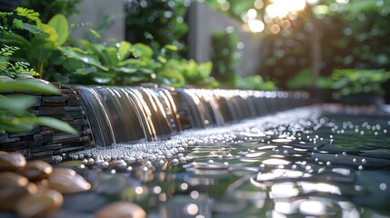 Fototapeta premium Close-Up of Outdoor Waterfall Flowing into Pool Amid Decorative Stones and Lush Greenery in Modern Garden. Serene Oasis with Sunlight Filtering Through Trees.