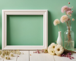 Minimal white frame mockup and flowers on pastel baby green wallpaper, modern template for digital print, birthday, painting, picture, photo, poster, lettering, house, minimalist, mothers day, home