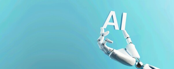 Robotic hand holding AI letters against a blue background signifying artificial intelligence technology
