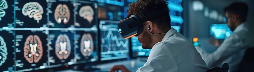 Scientist using virtual reality headset for brain research in high-tech lab, with brain scans displayed on large screens.