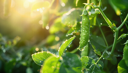 Photography of dew covered green pea growing in the garden_1