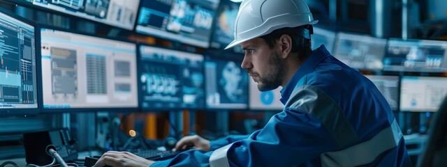 Engineer at Control Panel Overseeing Industrial Operations Advanced Technology Monitoring Systems