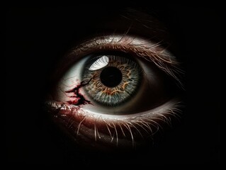 Fototapeta premium Close-Up of a Human Eye with Detailed Iris and Blood Vessels in Dramatic Lighting