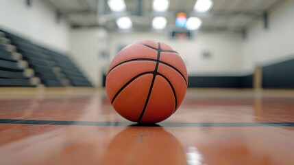 Isolated Standard Basketball on Empty Indoor Basketball Court