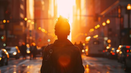 Solitary Female Figure in Bustling City Street Silhouette