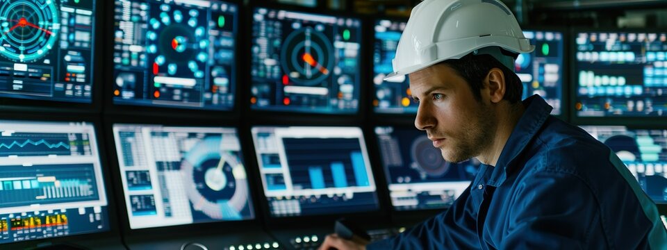 Industrial Control Room Engineer Operating Advanced Technology Systems Multiple Screens Monitoring