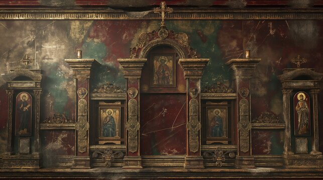 Close-up of weathered iconostasis with intricate carvings and religious paintings, displaying rich history and artistry of an old church