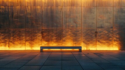 Bright outdoor wall illuminated by golden hues at dusk, captured from a low angle, featuring a sleek bench.