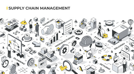 Isometric illustrations of the supply chain management process, showing the stages of SCM such as planning, sourcing, manufacturing, delivery, returns, and the flow of goods and services