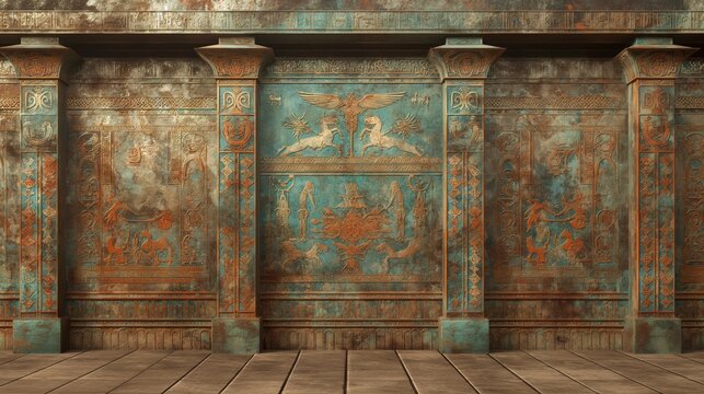 An ancient Egyptian wall with intricate paintings and pillars, weathered by time