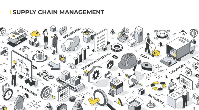 Isometric illustrations of the supply chain management process, showing the stages of SCM such as planning, sourcing, manufacturing, delivery, returns, and the flow of goods and services