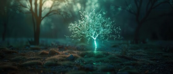 Enchanted Glowing Tree in Mystical Forest at Dusk with Magical Atmosphere