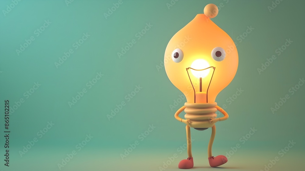 Poster cartoon character with illuminating idea light bulb above head