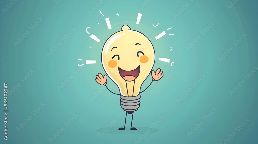 Poster cartoon character with lightbulb above head symbolizing new idea or