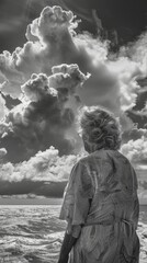 A mature woman stands by the shore her grey hair blending seamlessly into the swirling white clouds above. Black and white art