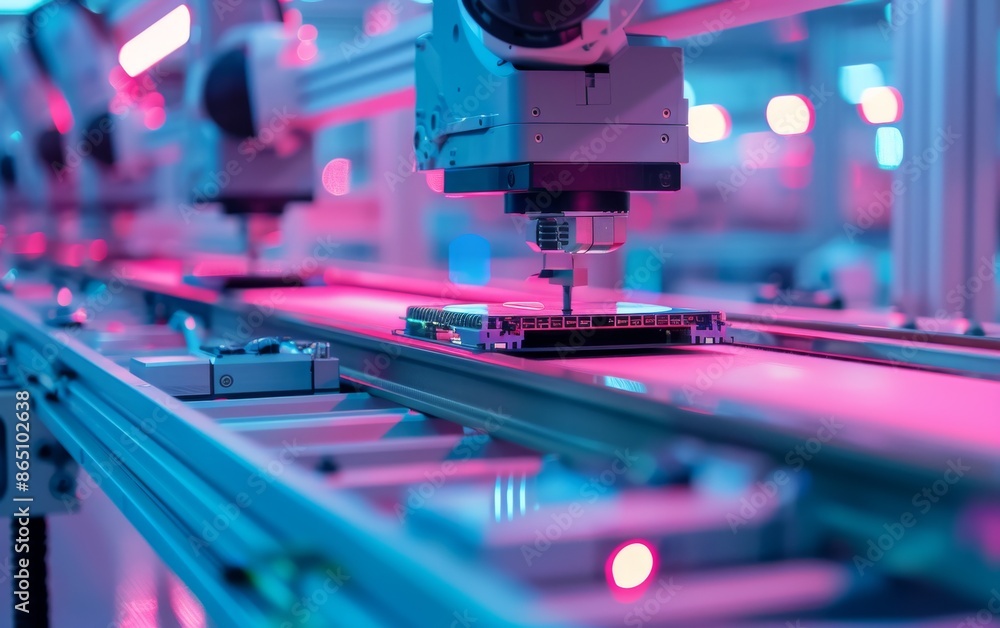 Poster high-tech industrial robotics system assembling electronic components in modern factory