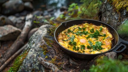 A simple and delicious wild omelette made with fresh eggs gathered from a nearby nest and wild herbs picked from the forest floor.