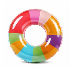 Obraz premium Striped multicolored inflatable circle. Isolated rubber ring, pool toy, swimming lifebuoy, summer-themed illustration.