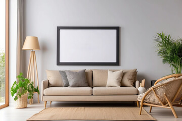 Living room interior with sofa, armchair and blank poster on wall. Mock up