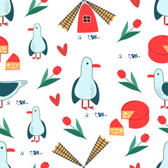 Netherlands pattern. Windmill, holland cheese, seagulls and tulip flowers. vector illustration