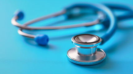 Close-up of a stethoscope on a blue background, symbolizing healthcare, medical practice, and professional medical equipment.