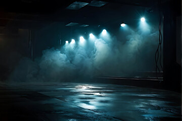 Obraz premium The dark scene has a smoky dark blue background. Empty dark room with spotlights for displaying product design 