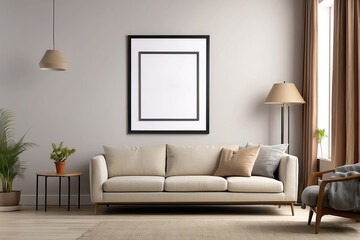 Interior of modern living room with white sofa and mock up poster.