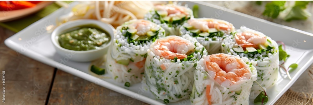 Poster a light and refreshing summer roll filled with shrimp avocado slices cucumber and rice noodles serve
