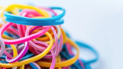Close up of colorful mini rubber bands against white background with room for text
