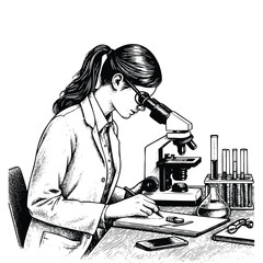 hand drawn female scientist working using microscope. engraving black and white scientist conducting research in the laboratory vector illustration