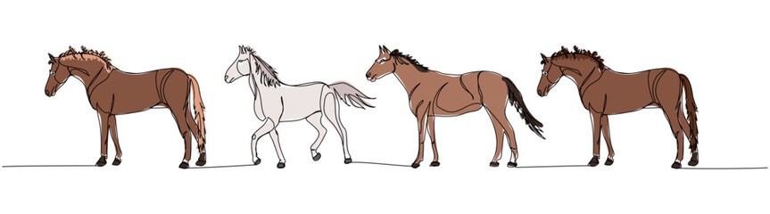 horse set, pony, livestock, artiodactyl one line color, colored art. Continuous line drawing of farm, nature, agriculture, farm animals, rural life, ranch.