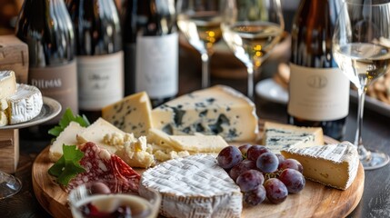 Wine bottles and wine glasses on the table, a fine-dining style dinner, and a cheese platter of various textures and shapes, with a photo of a freshly popped cheese. Generative Ai