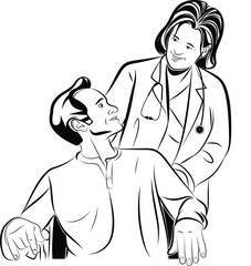 Woman doctor talking with patient on wheelchair