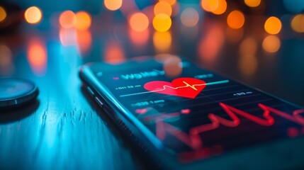 A view of a smartphone displaying a health app with a heart rate monitor, showcasing the use of technology to monitor health metrics.