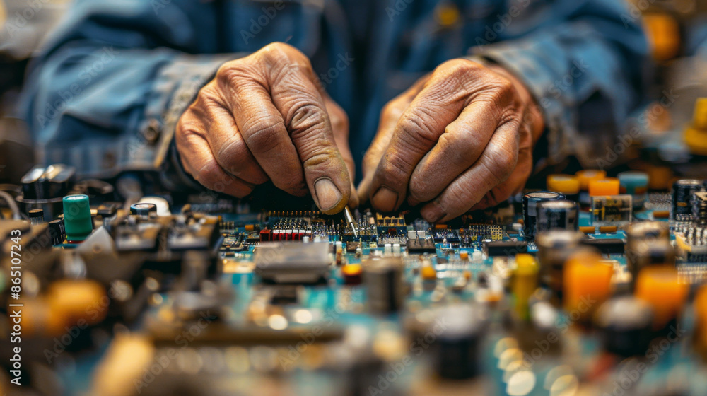 Poster closeup of hands assembling an electronic circuit board, demonstrating precision and technical skill