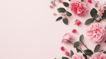 Fototapeta premium An elegant border of pink roses, designed in a minimalist fashion with a clean layout and ample white space for customization. Ideal for projects that require a refined and sophisticated look.
