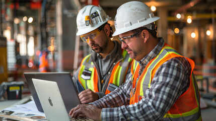 Two construction workers in safety gear review plans on a laptop at a construction site, highlighting teamwork and project management.