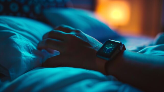 A close-up of a hand holding a smart watch with a sleep tracker, highlighting the use of technology to monitor and improve sleep quality.